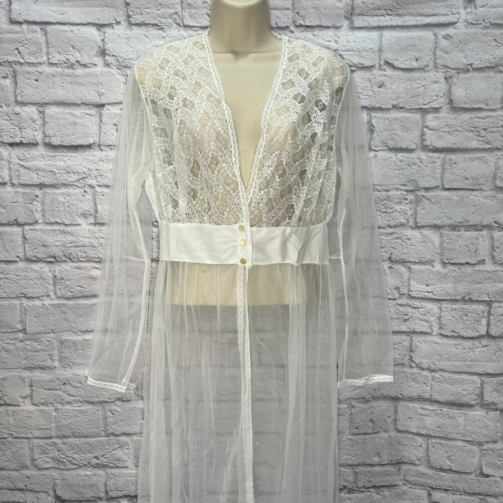 Vintage Nancy King Sheer Nylon Peignoir Robe White Bridal Size M New Satin Lace - Picture 3 of 8